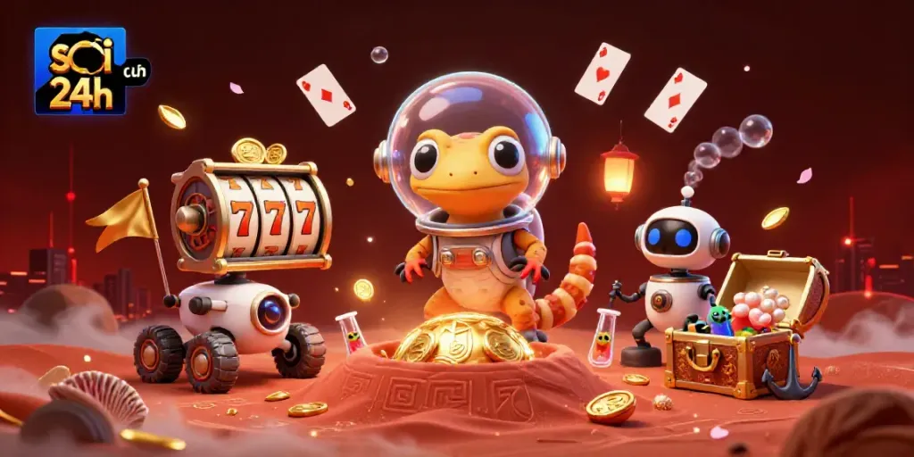 Experience strategic wins with soi cầu 24h in a vibrant casino scene led by a gecko.