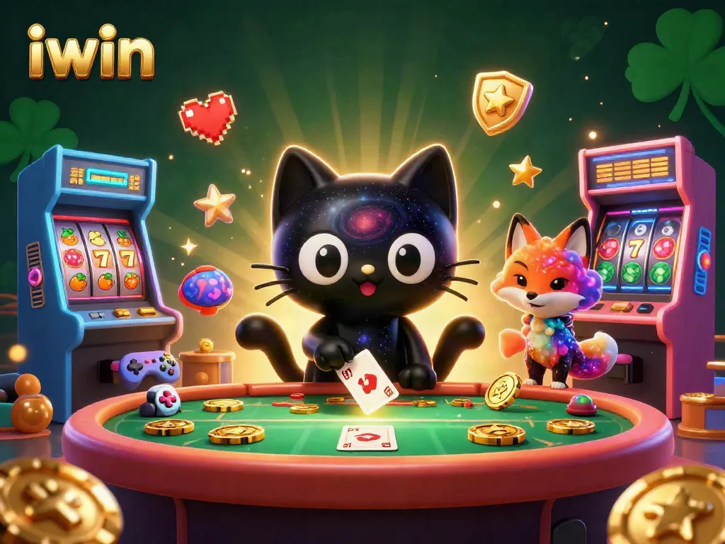 Engage with iwin's cosmic casino as a black hole cat summons golden chips in a vibrant digital scene.