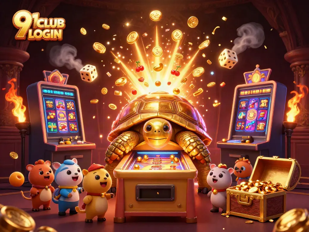 Experience the excitement of 91 CLUB LOGIN with vibrant casino elements and dynamic characters in this 3D illustration.