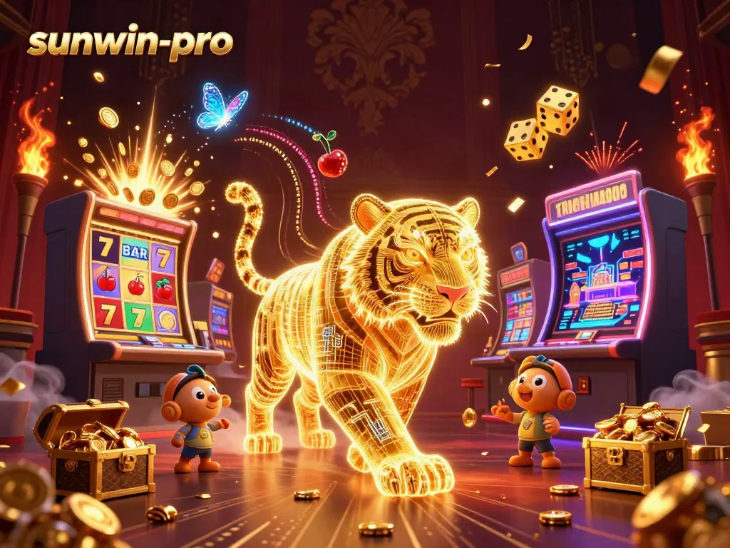 Engage in thrilling gameplay with sunwin-pro, featuring a dazzling casino landscape of slot machine jackpots and neon tigers.