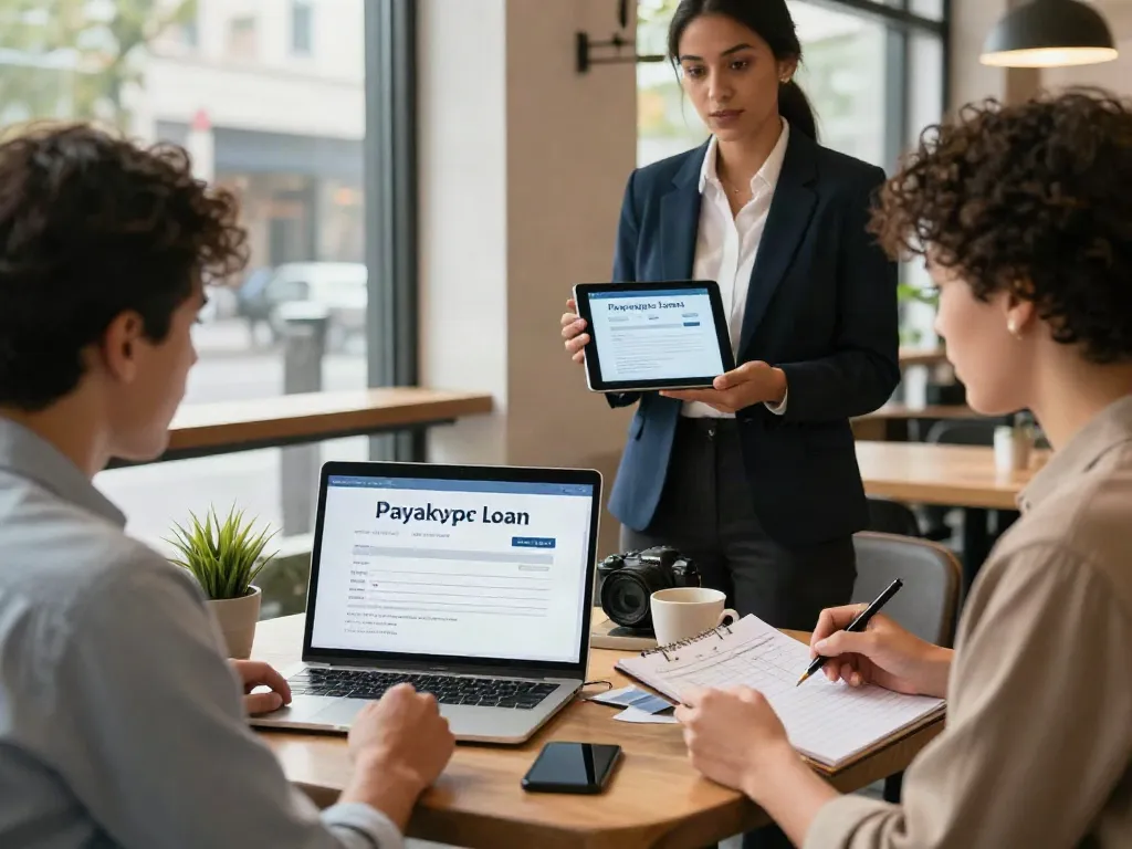People discussing payday loans strategies with laptop and smartphone at a café in Calgary, highlighting https://calgary.paydayloans-on.ca.