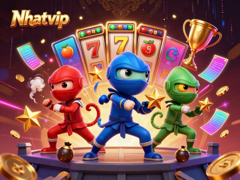 Nhatvip showcases a dynamic scene of three chameleon ninjas in martial arts poses amidst casino elements, highlighting gaming excitement.