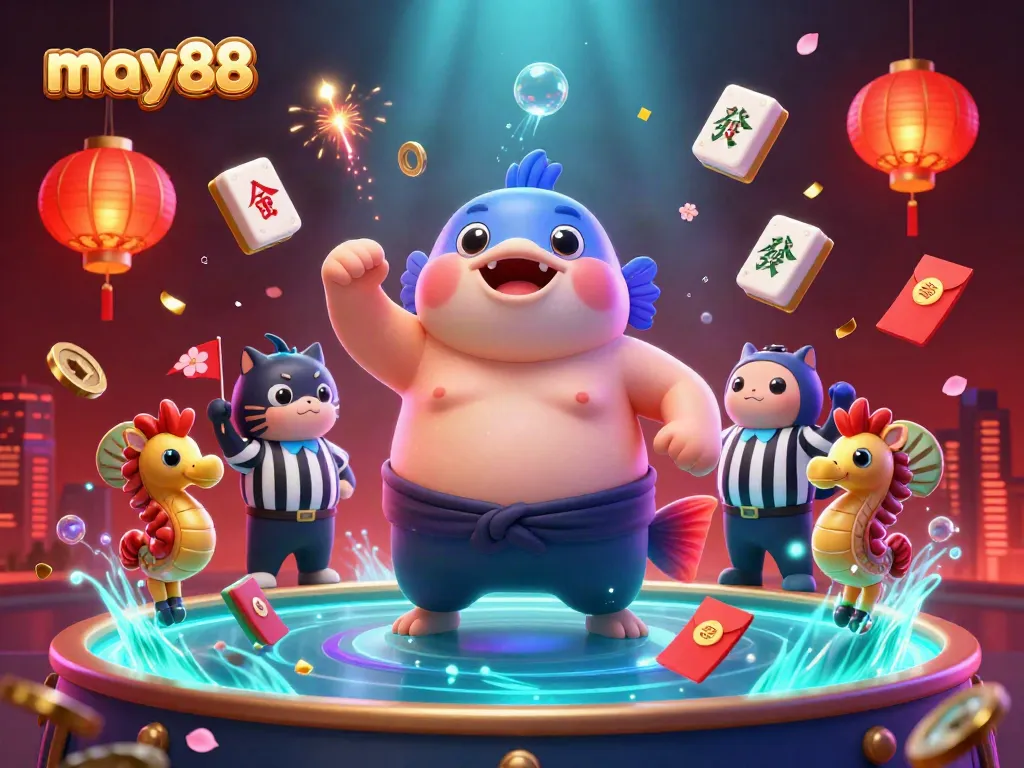 Experience captivating gaming action with may88, featuring colorful casino characters and festive decorations.