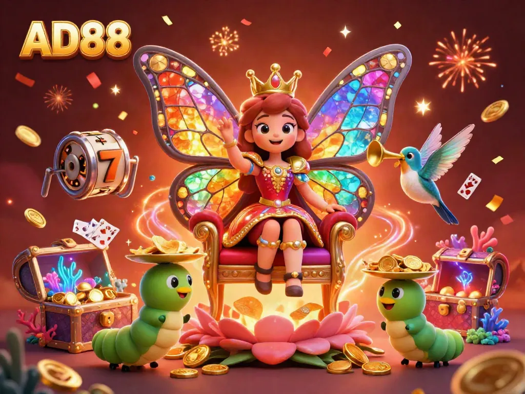 AD88 celebrates with a vibrant 3D illustration featuring a butterfly queen amid rich casino elements.