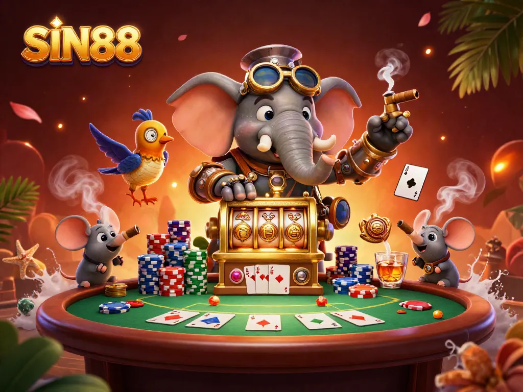 SIN88 showcases an exciting steampunk elephant character winning at slots with vibrant casino elements.