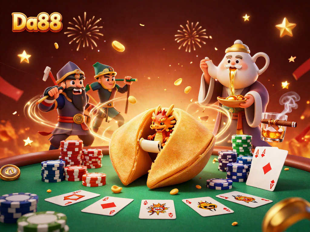 Engage with Da88's vibrant casino scene featuring a giant fortune cookie and dynamic characters.