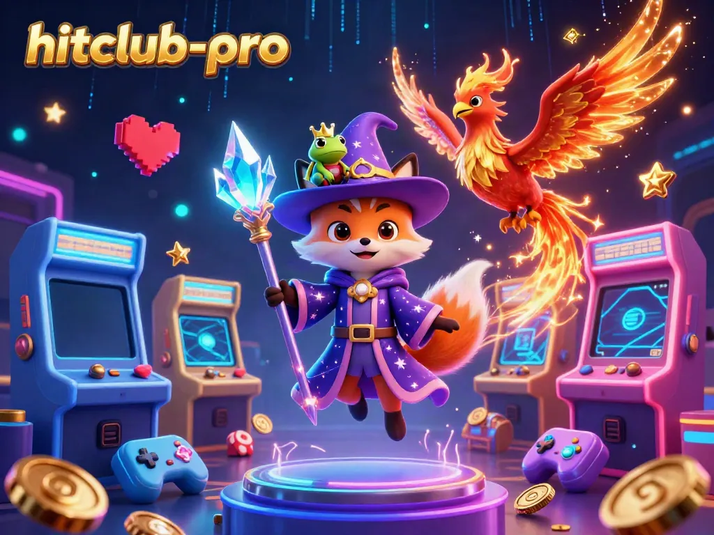 Hitclub-pro entertains with a mystical wizard fox and phoenix in a vibrant gaming scene.