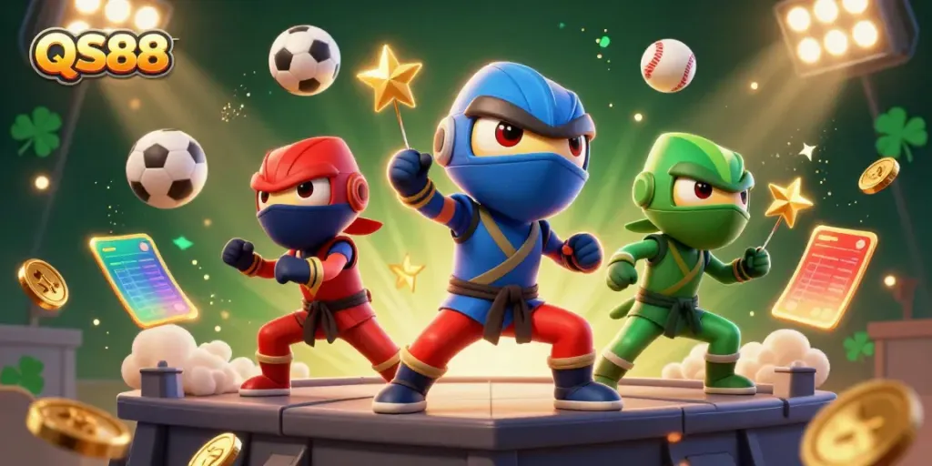 Experience thrilling casino gaming with QS88 as ninja chameleons join the excitement, surrounded by vibrant sports elements.