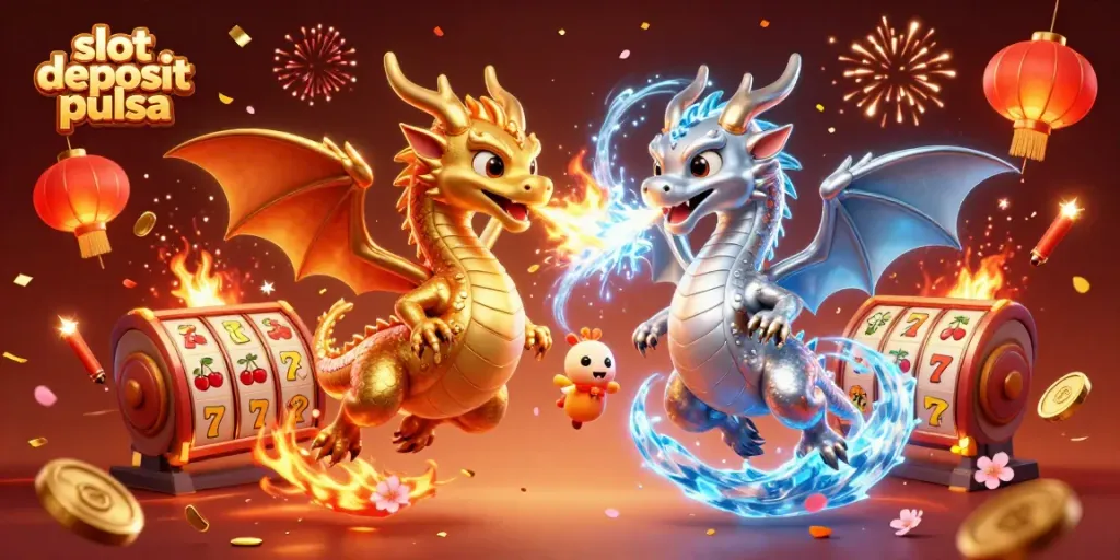 Engage in thrilling slot deposit pulsa gameplay with a vibrant scene of dragons and festive elements.