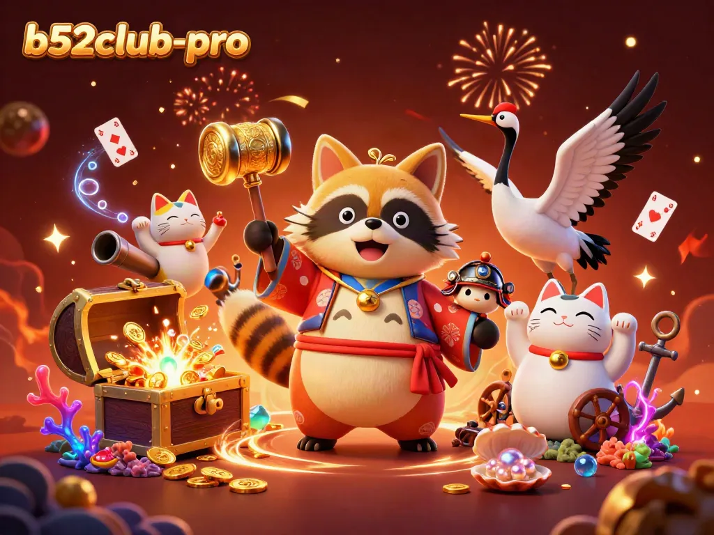 Experience the excitement at b52club-pro with lively characters and vibrant casino elements in a colorful scene.