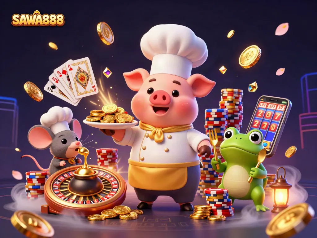 SAWA888 chef pig serves golden coins amid cascading gems and casino thrills in vibrant 3D art.