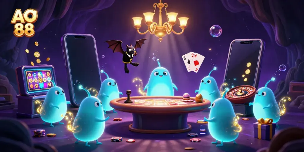 Experience the excitement of AO 88 with glowing glowworms and a bat dealer in a lively casino scene.