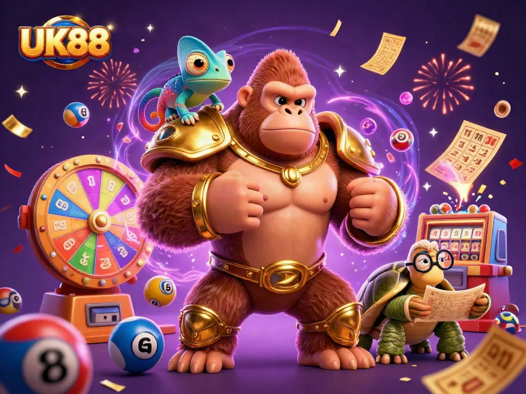 Experience UK88's thrilling lottery action with vibrant colors and engaging characters in this exciting casino scene.