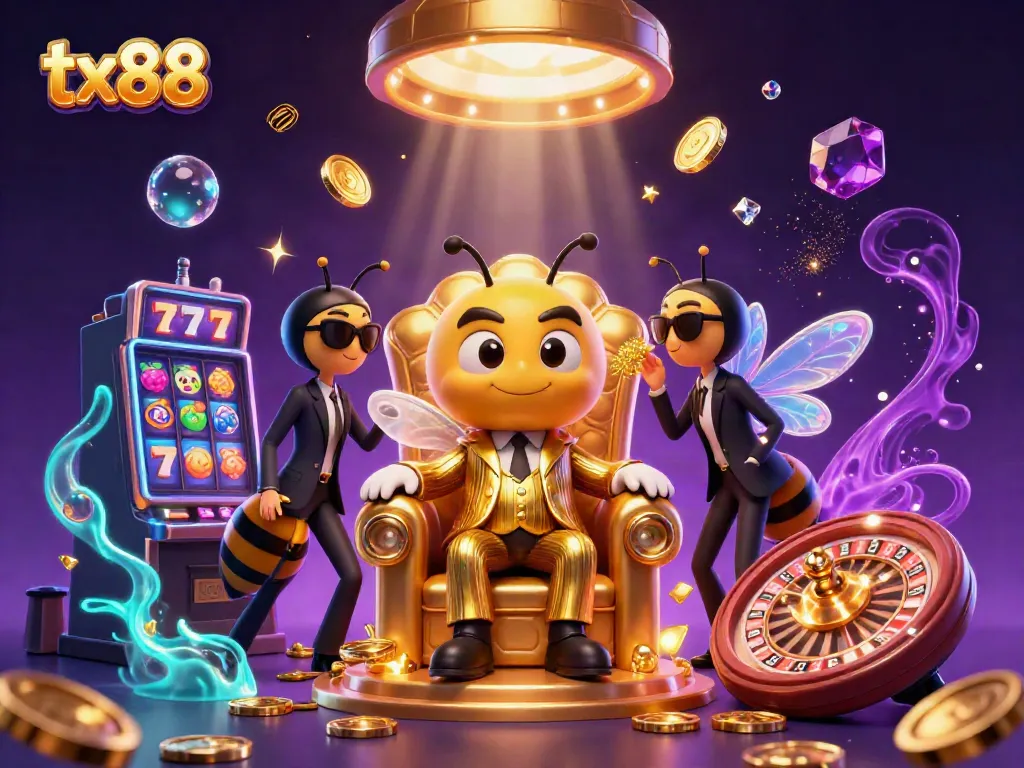 Experience the excitement of TX88 with vibrant symbols of slots and a dynamic casino scene.