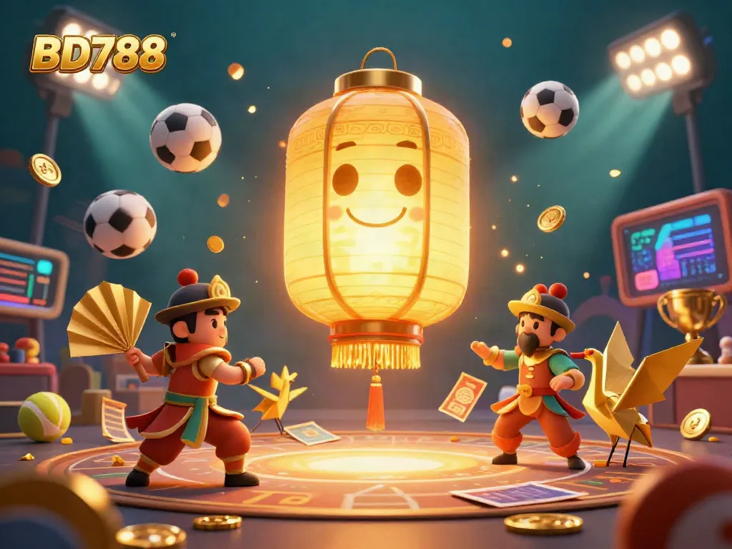 Engage in exhilarating play at BD788 with a vibrant casino scene featuring golden lanterns and dynamic sports elements.