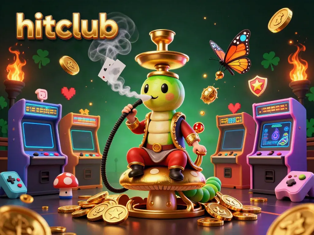 Hitclub's vibrant 3D casino illustration featuring a caterpillar hookah-master and arcade elements.