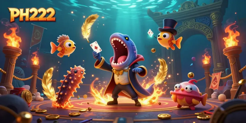 Experience thrilling card tricks by PH222 characters in a vibrant underwater casino scene.