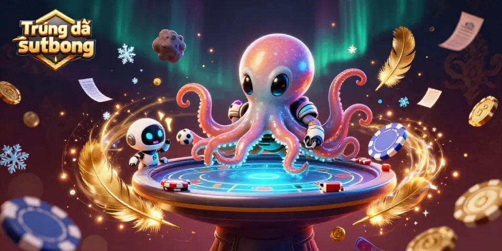 Watch Trực tiếp bóng đá sutbong with an octopus dealer managing a holographic poker table, surrounded by betting action.