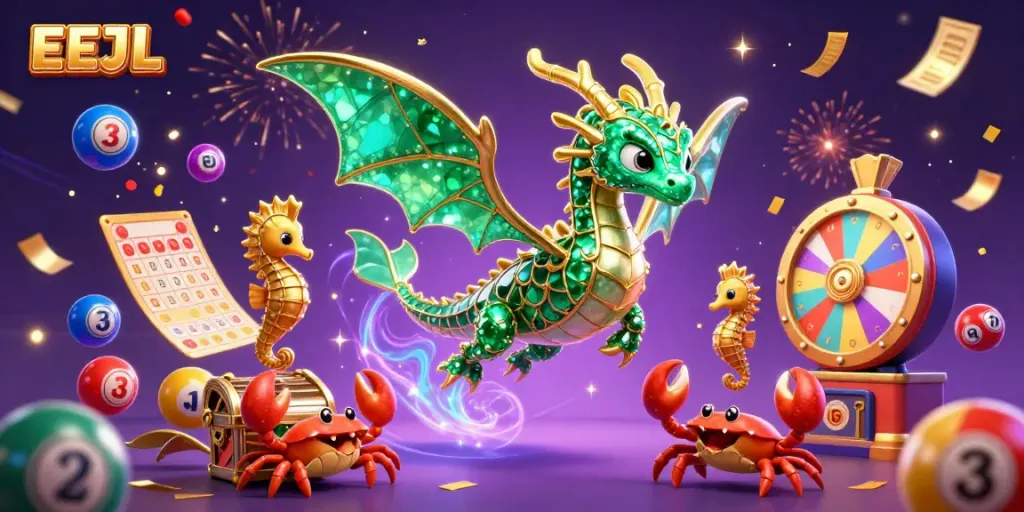 Engaging illustration of EEJL with vibrant lottery balls, treasure chest, and sea-themed characters celebrating in a colorful casino atmosphere