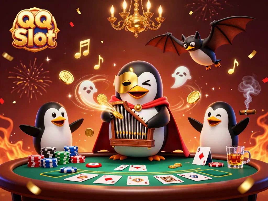 Win big with QQ Slot in a vibrant casino scene featuring a musical penguin and poker elements.