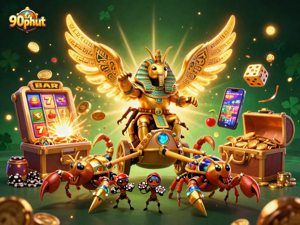Wager on exciting slots with 90phut's vibrant casino scene showcasing gold and action.