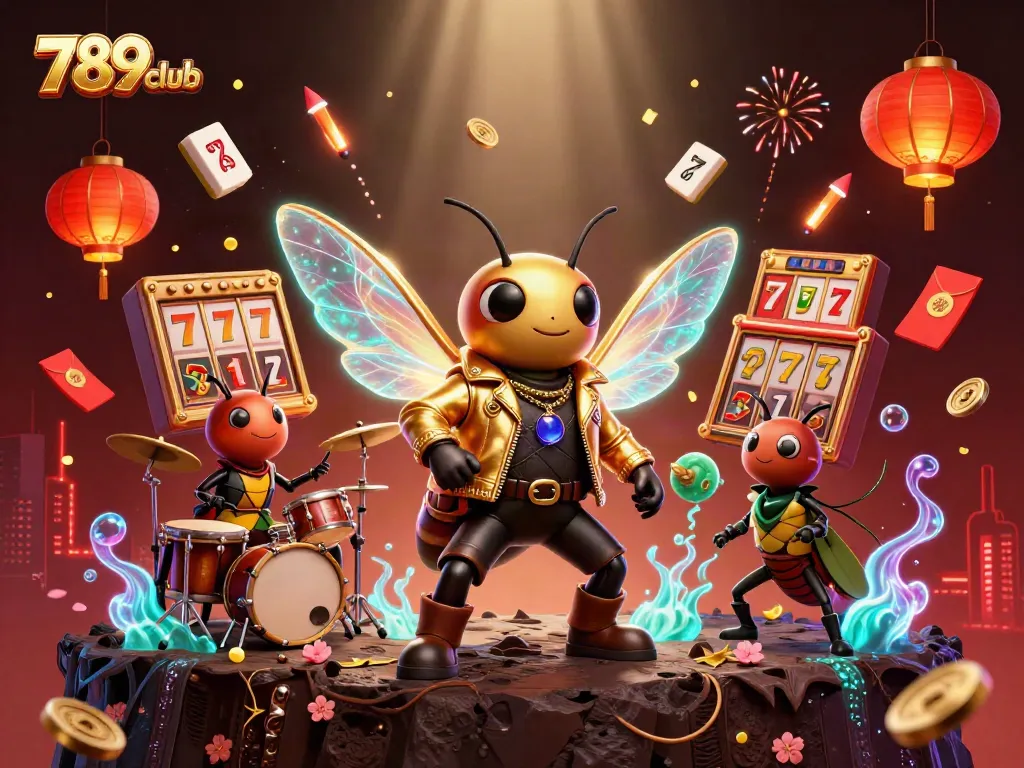 Engaging 3D illustration of 789club with a vibrant casino theme showcasing a rock star and drum elements.