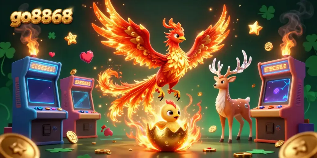 Play exciting games and win big at go8868, featuring dynamic casino elements and colorful characters.