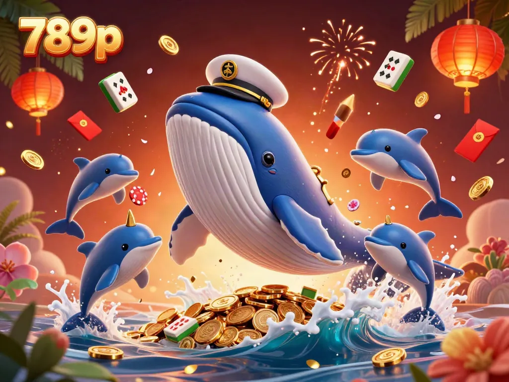 Engage in 789p gaming with the whale captain and friends amid a festive casino scene.