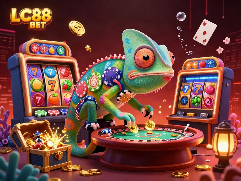 Experience thrilling gaming moments with LC88 BET as colorful slot reels and dynamic elements create an immersive casino atmosphere.