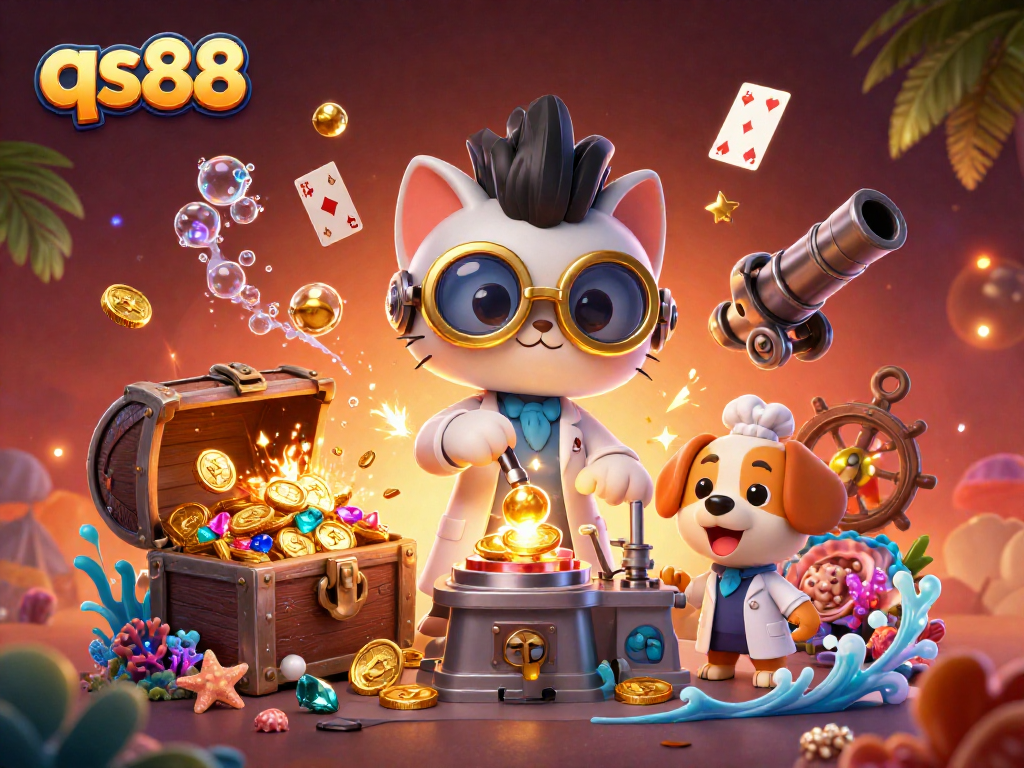 Win big with qs88 in this dynamic casino scene featuring 3D characters and vibrant game elements.