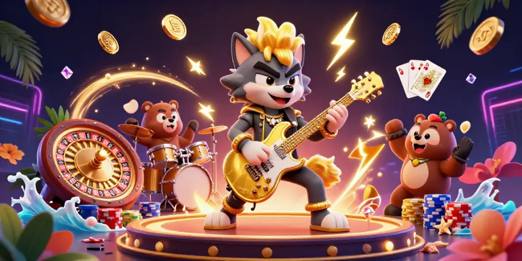 Cv666 casino illustration featuring a rock star wolf and drummer bear amidst coins and cards.