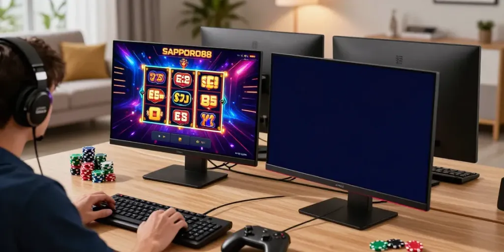 SAPPORO88 online gaming experience with vibrant graphics and a user engaged in gameplay.