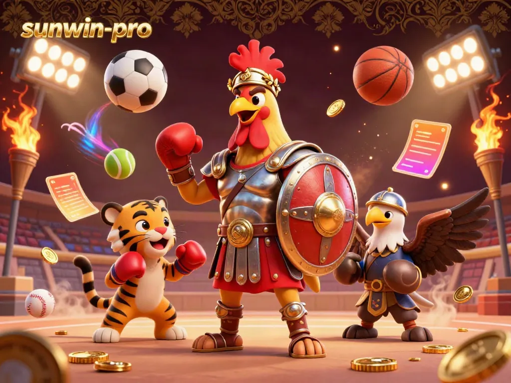 Experience competitive play with sunwin-pro featuring an epic gladiator rooster, tiger cub, and sports elements.