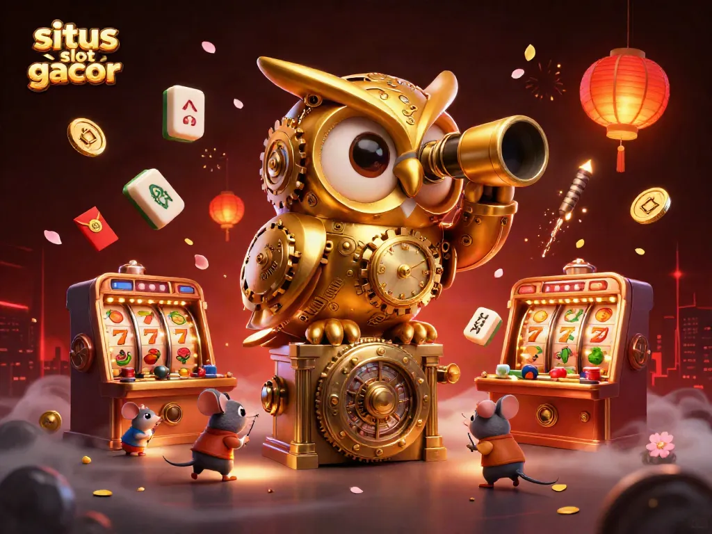Spin the reels on situs slot gacor with a vibrant 3D golden owl and luck-filled decorations.