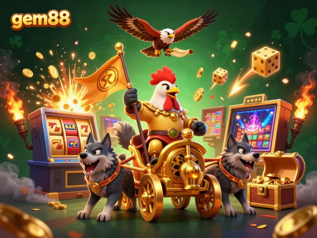 Experience thrilling gameplay with gem88; a 3D illustration featuring a rooster warlord, slots, and casino action.