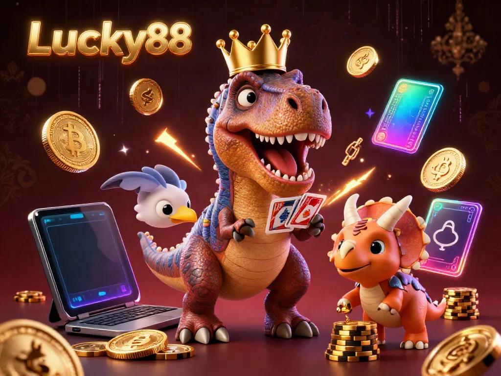 Experience exciting gameplay at Lucky88 with a T-Rex and friends playing cards and stacking chips.