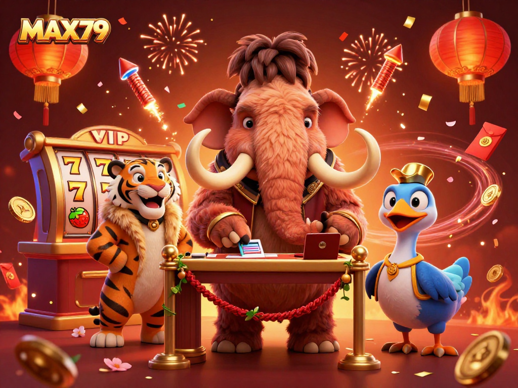 Experience the thrill at MAX79 with a whimsical illustration of a casino entrance featuring unique characters and festive elements.