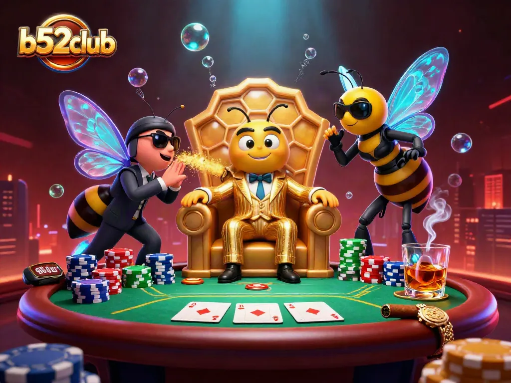 Engage with b52club's thrilling poker scene, showcasing a cartoon mob boss and intense gameplay.