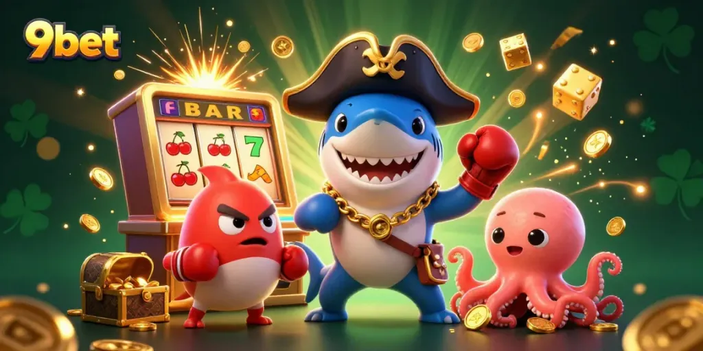 Engage in thrilling gambling action with 9bet's cartoon characters surrounded by a dynamic casino scene bursting with excitement.
