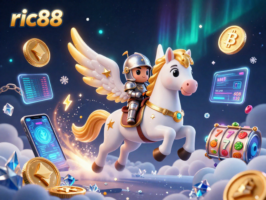 Engage with ric88 casino's vibrant atmosphere featuring a 3D knight on a magical horse amidst colorful slots and crypto coins.
