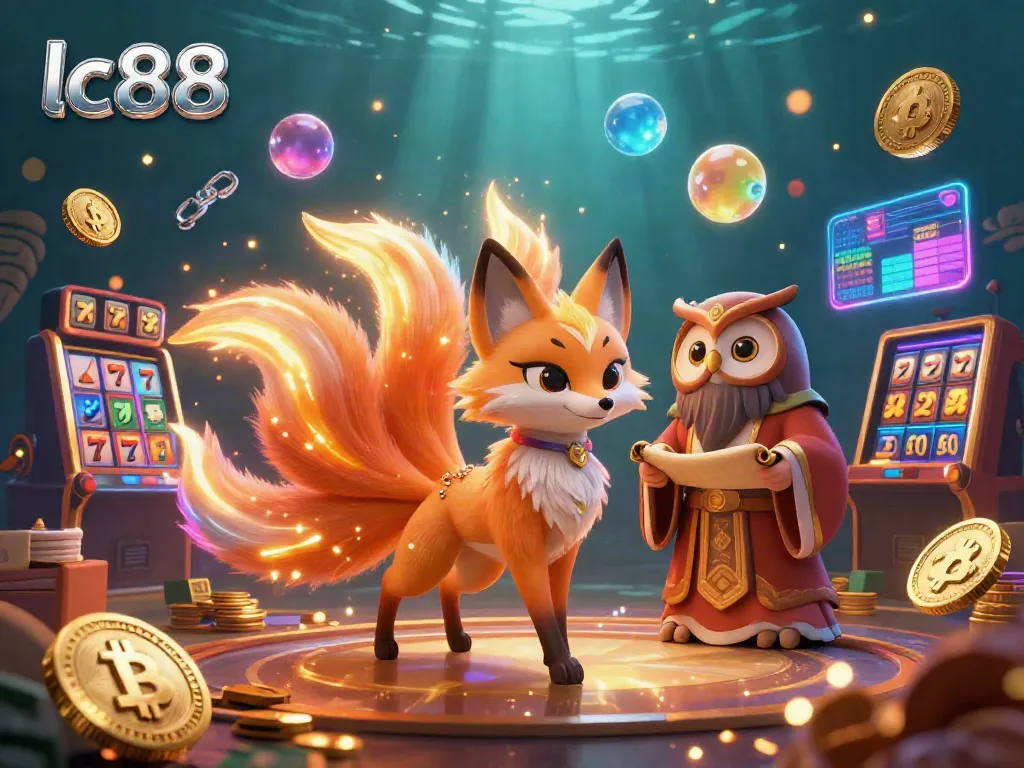 Engage with lc88’s vibrant casino atmosphere featuring a glowing nine-tailed fox, slot machines, and digital assets.