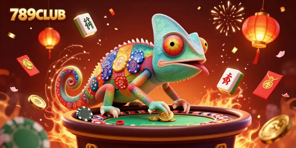 Experience the vibrant energy of 789CLUB with a dynamic casino scene featuring a chameleon owner collecting golden coins.